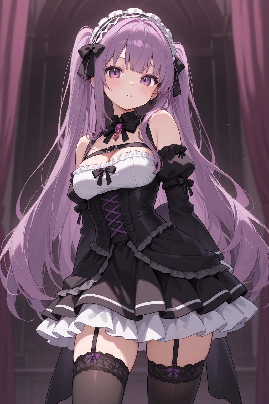 Anime girl with medium purple white hair, dressed in long flowing black and white clothes in a sexy pose
