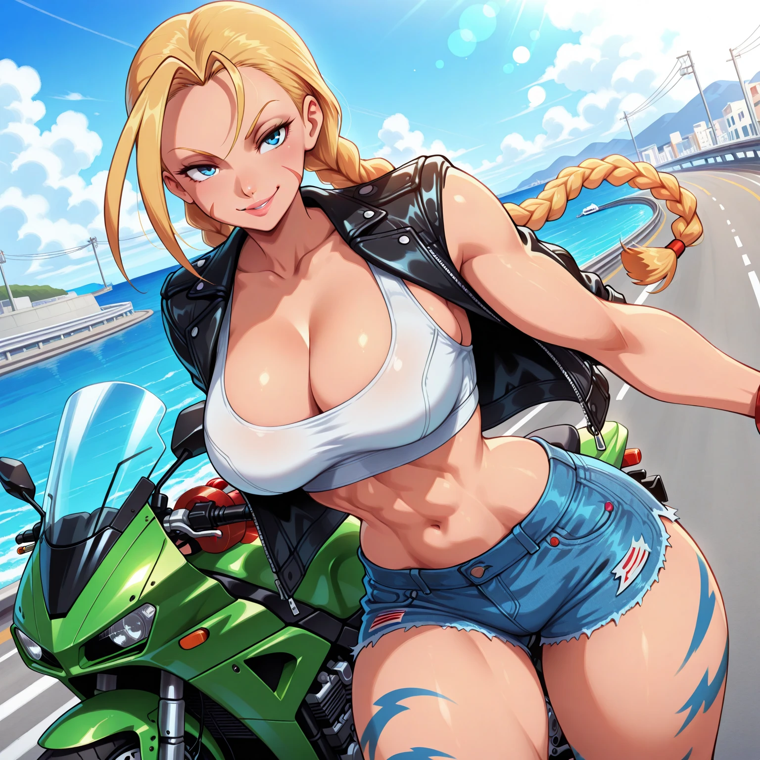 20 year old woman, busty, bubble butt, hourglass figure, skinny, blushing, embarassed, shocked expression, horny, seductive, long hair, platinum blonde hair, wavy hair, wearing cropped biker jacket, white tshirt, cropped tshirt, bootyshorts, tight fitting clothing, in park, anime, flat colors, dynamic pose, running, sprinting, heavy make up, kissable lips, red lipstick, ((open mouth)), ((drooling)), ((wet)), ecchi style, hentai, ecchi anime style, seductive, punk style, punk hair, punk clothing, shuddering, vibrations, shaking, jiggle, vibrator in pants