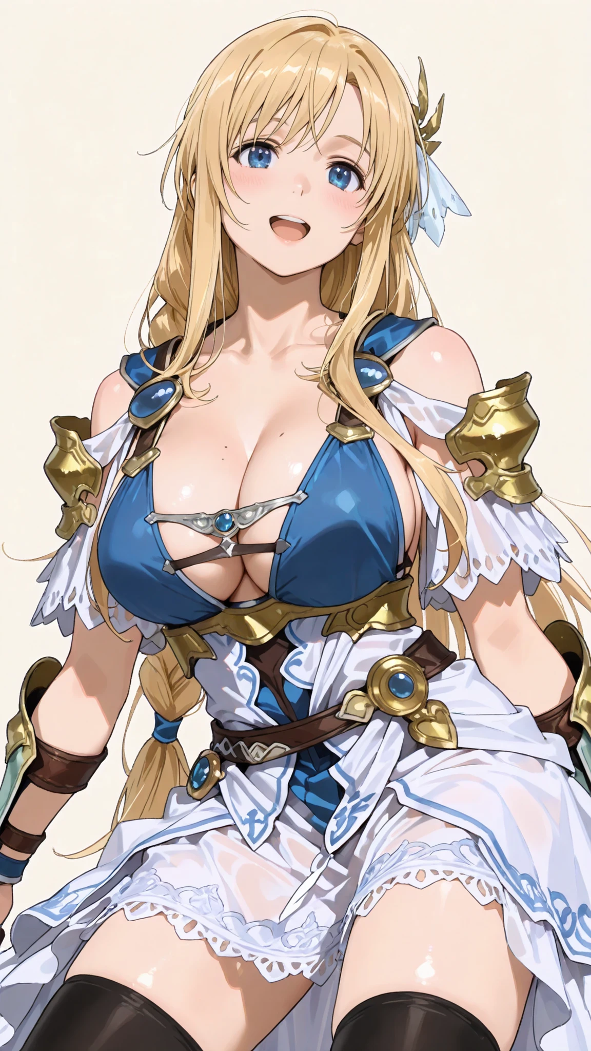 sensual, long blonde hair, thick thighs, 8K, 4k, highest quality, High resolution:1.2), cute anime face, noise reduction, shining blue eyes, gentle smile, kind eyes、toned abdominal muscles, muscular arms, muscular legs,  young face, anime eyes, (((My big breasts are about to burst)))、Sophitia Alexandra、Have a sword and shield、(SFW huge body:1.5)