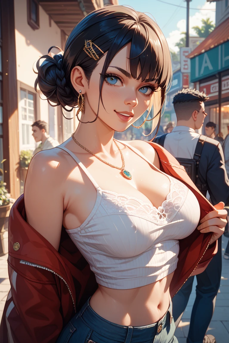 upper body photo of a beautiful woman, fiddling with cell phone in the middle of the street, [see-through](short lace cami:1.47), natural breast, medium breasts, udders, brown nipples, (narrow waist, perfect body curve), earring, sharp focus, (tall body, adult woman), ((looking at away)), (high detailed skin, skin pores:1.4)
