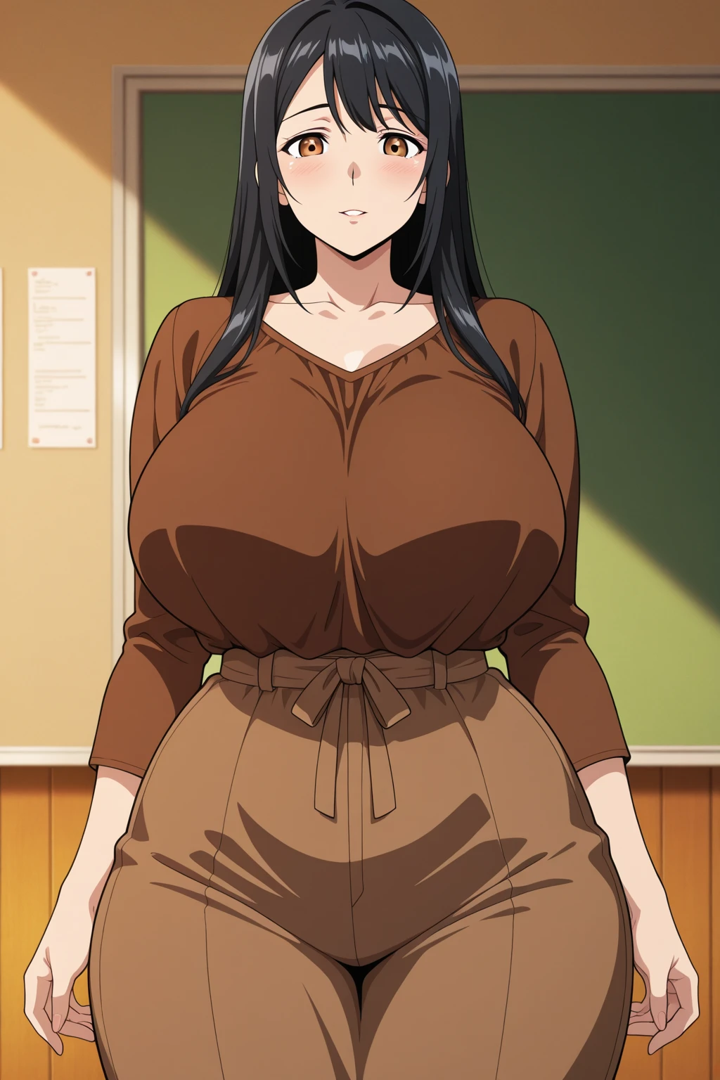 Solo, 1girl, alone, a latina woman, Inca woman, huge hulking muscles, dark skinned female, brown skin, more curves, yellow stretched sweater, yellow sweater, hyper massive arms, whooly yellow cropped turtle neck sweater, sleeveless, sleeveless sweater,longpencilskirt, long skirt, red baggy inca skirt, red inca skirt with Inca patterns, red long skirt, red skirt with Inca embroidery, brown skin tone, black hair, straight black hair, long hair, straight bangs, bangs on forehead, bangs cover forehead, forehead bangs, shy expression, intimidating, sensual look, sensual lips, seductive expression, venus body, bangs, massive breasts, huge breasts, hyper muscular thighs, green eyes, green emerald earings, gargantuan trapezoid muscles, humongous biceps, musclegut, MuscleUp, super wide neck, widest neck in the world, plump, muscular female, hyper muscular, curvy hourglass, curvy bodybuilder physique, curvy powerlifter figure, massive muscles, in a college cafeteria, college cafeteria background, detailed background, indoors, sitting down on a cafeteria bench, sitting posing seductively, sitting seductively, happy expression, half asleep eyes, faint smile, closed lips, seductive lips, full body, dynamic pose, dark skin, dark-skinned female, tanned skin, fang, huge breasts, gyaru, sexy poses, sensual pose, hands on herself, hands on her body, okioppai,score_9, score_8_up, score_7_up,source_anime,BREAK,masterpiece, best quality, amazing quality, highres, absurdres, newest