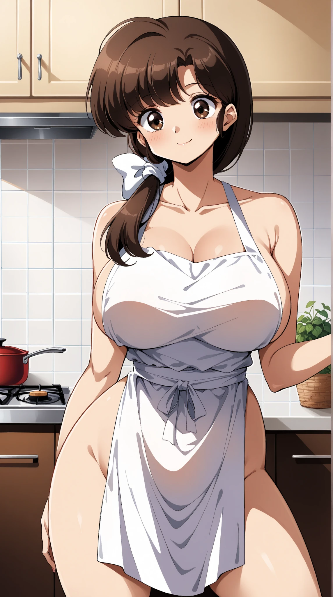 (Best quality:1.3), brown ponytail, large breasts, naked, cleavage, apron, standing, (pov, close shot, blushing:1.1), smiling, kitchen background
