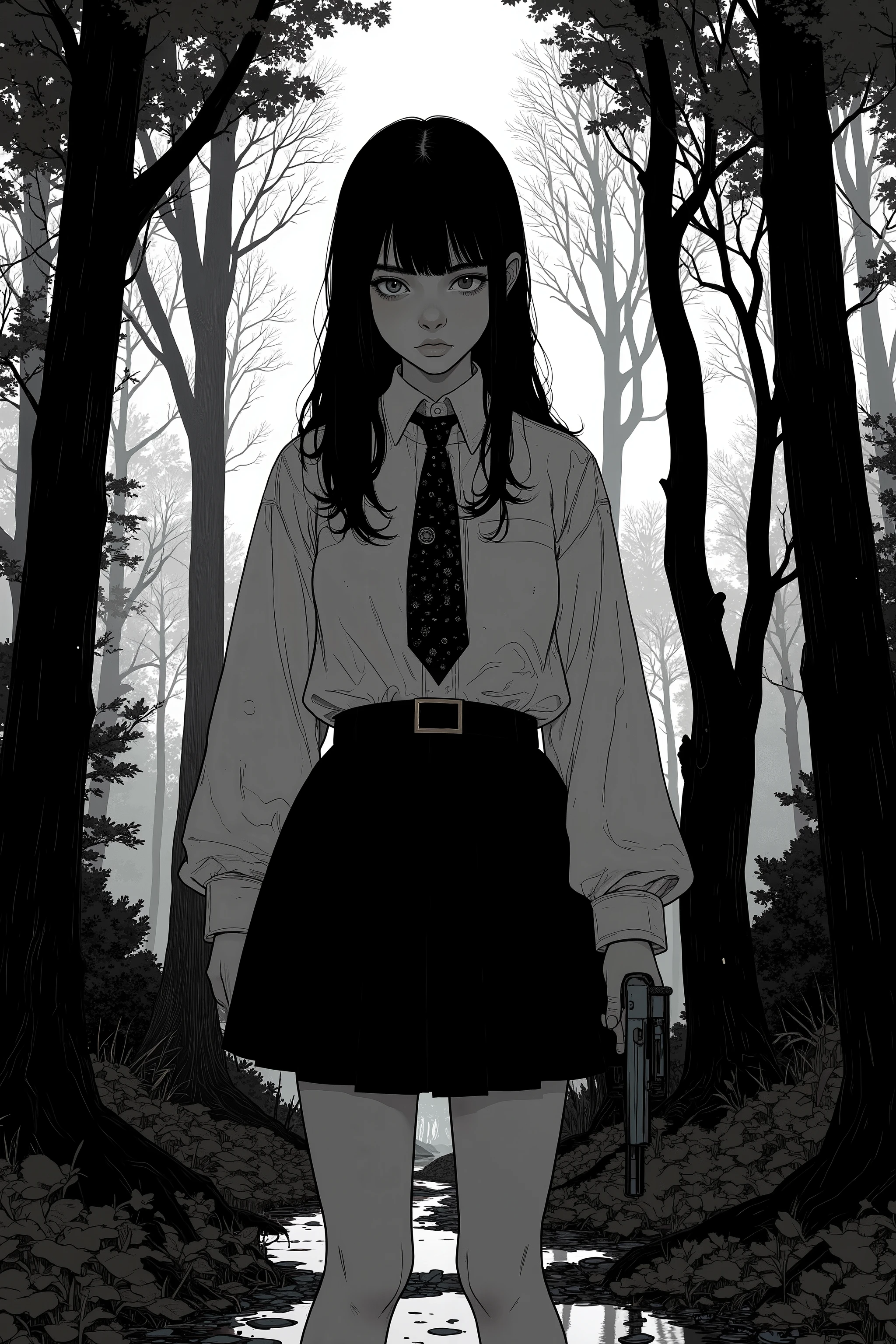 silhouette of a Japanese high school girl holding a handgun in the black and white photo,Darkness、In the misty forest 、scared,Vigilance、SVG vector art, 1024x1024、 vector SVG art , SVG illustration , SVG art , black and white vector art