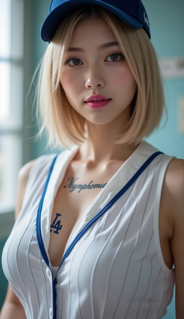 1 female、(super beautiful)、(beautiful face:1.5)、(Taken from above the knees)、(detailed face:1.5)、(detailed eye:1.2)、(lip details:1.2)、(detailed nose:1.2)、(compensate:1.1)、(hair naked)、(At SFW:1.6)、photo quality、surreal、Real face like a photo、realistic body、Fine skin texture、super high quality、blonde、short hair、white clothes、white nurse uniform、white mini skirt、Beautiful leg lines、thighs、standing pose
