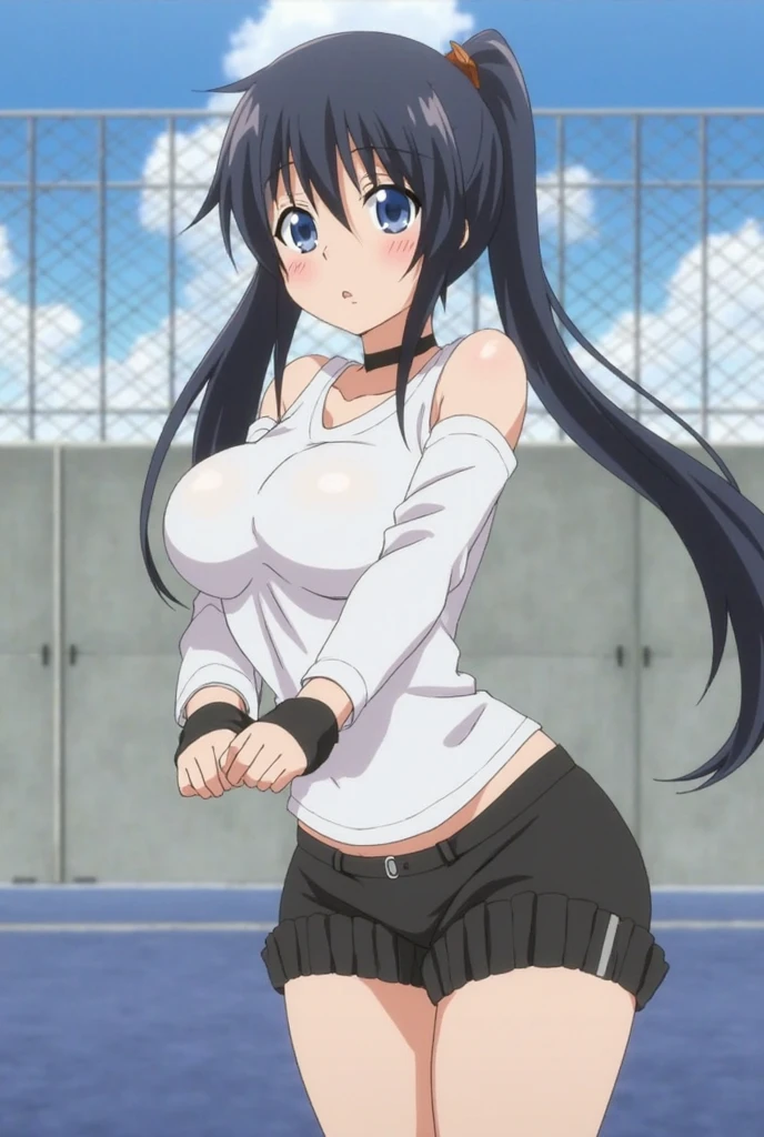 (blue eyes,blue hair,1girl, solo, white polo shirt, white sneakers, tennis wear, white miniskirt, masterpiece, best quality, realistic, hyper-detailed, (shiny skin, sweaty:1.2), absurd, looking at viewer,  slender, dynamic lighting, high resolution, sharp focus, depth of field, detailed eyes, sharp pupils, realistic pupils, , (thick thighs:1.0), outdoor, sky
