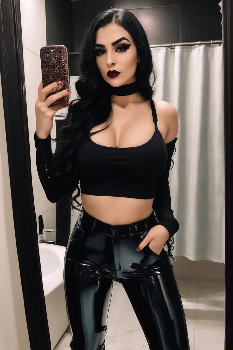 arafed woman taking a selfie in a mirror with a cell phone, with pale skin, she looks like a mix of grimes, goth girl aesthetic, 1 7 - year - old goth girl, looks like a mix of grimes, goth aesthetic, pale goth beauty, looks a blend of grimes, very very very pale white skin, resembling a mix of grimes, Big tits, huge tits, no clothes, sexy, cute, wide hips, thick thighs, pear-shaped body, minimal clothes, thick, bbw, chubby stomach, thick nipples, nipple piercings, large areola, hard nipples, piercing through shirt, nipples hard through shirt, busty, major cleavage, naked, ripping through top, boobs spilling over sides, bra too tight, giant tits, dominatrix, dominatrix clothes