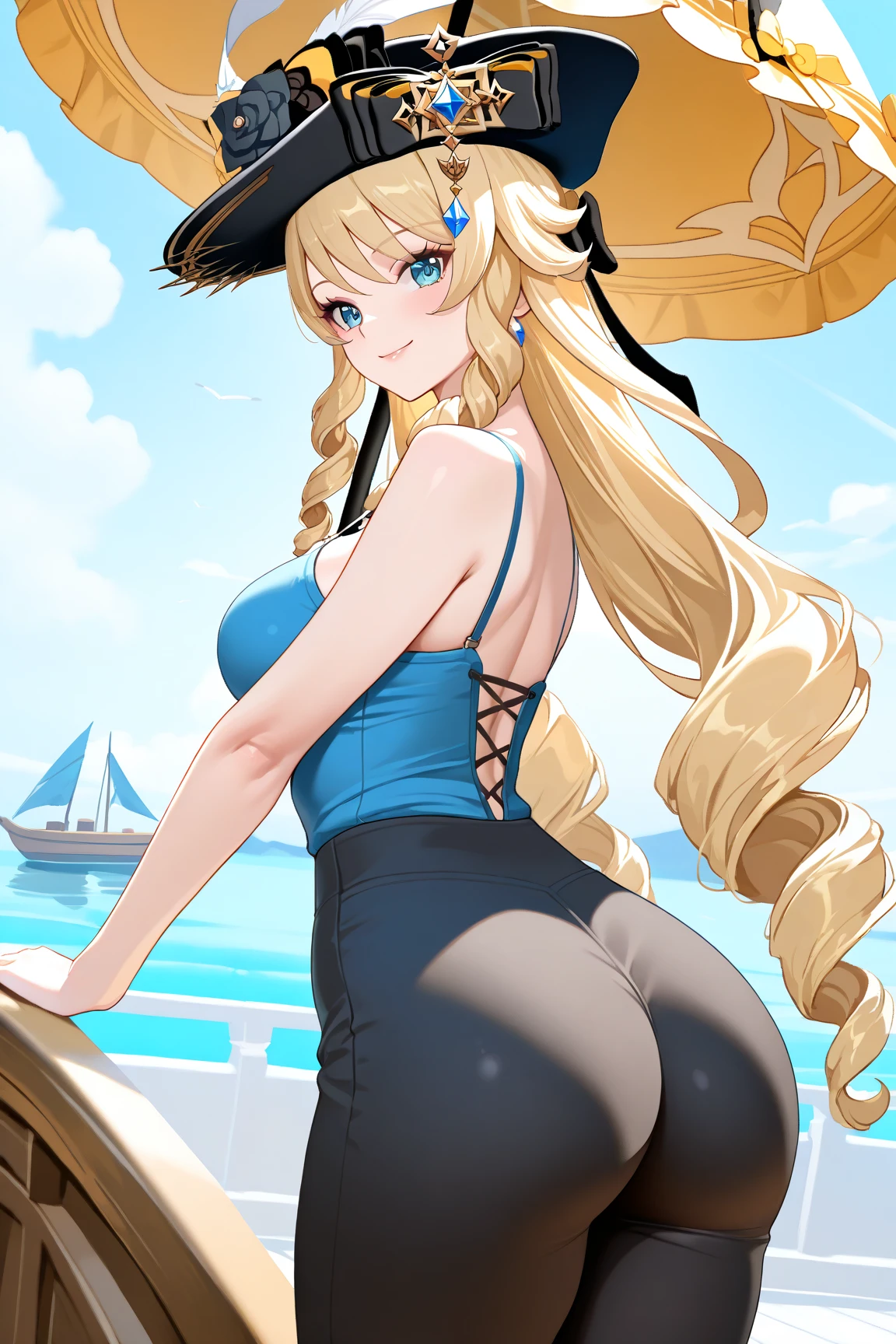 Beautiful blonde girl with long wavy hair very sexy and very, very big, Wearing thong, lowered cowboy shot . Luxury beach resort background, the girl is on all fours on a deck chair,