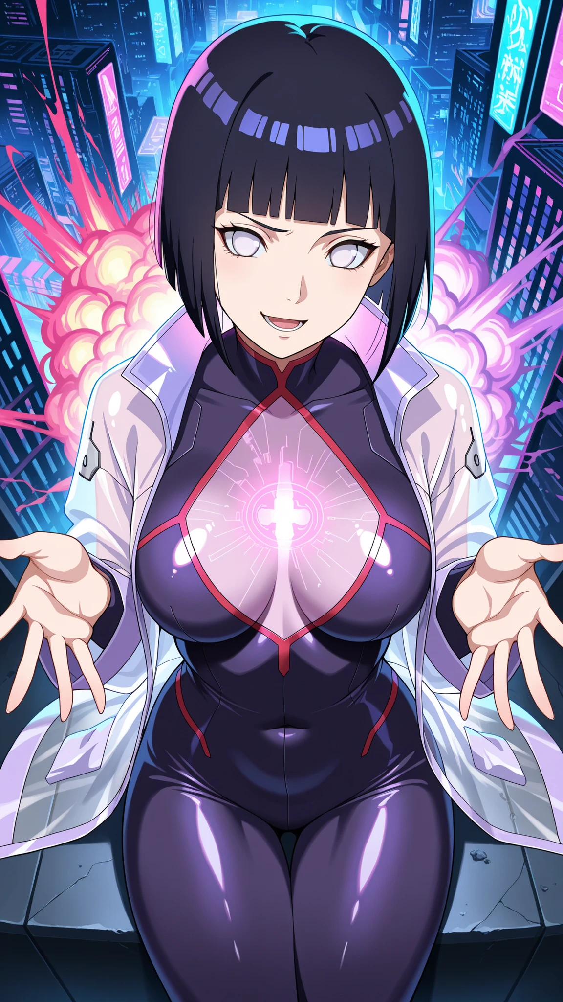 ,BREAK (masterpiece:1.2), best quality, high resolution, unity 8k wallpaper, (illustration:0.8), ultra-detailed cyberpunk city, massive neon explosion in the sky, glass skyscrapers glowing in toxic pinks, greens, purples, neon signs everywhere, streets reflecting the chaos of color, oversaturated hues, vibrant reflections, cinematic lighting, surreal color burst, intense atmosphere, 8k, masterpiece, synthwave tones, nightscape, hinata uzumaki, hyuuga hinata, short hair, bangs, black hair, blunt bangs, white eyes, mature female, medium breasts, tight glossy purple bodysuit with deep neckline and neon trims, translucent fabric accents flowing from her waist, glowing medical symbol on her back, confident smirk,looking at viewer,cowboy shot,wide-angel,sexy pose,transparent coat,serious face,sitting,from above,smile, open mouth,