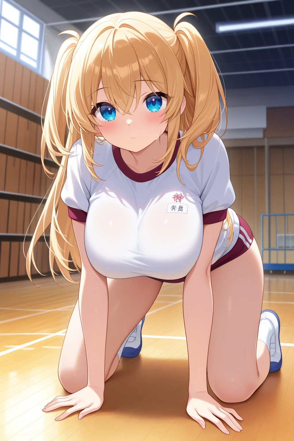 ((masterpiece)), ((highest quality)), (super detailed), ((cute)), cute, (Lovely), ((sexy)), (device), ((very detailed)), 4k, (8k), highest quality, (beautiful), genuineistic, genuine, anime illustration, anime style, painting, whole body, Has a certain S vibe, dynamic angle, cowboy shot, A warehouse in a gymnasium that looks like a drama, sit on, (spread your legs), Gradation, whole body focus, cute女の子, 12 year old girl, 1 girl, (alone), (Gym suit:1.2), (See-through), beautifulアニメの顔, (beautifulブロンドの髪の色), (random colored eyes), ((beautiful eyes)), random hairstyles, (white skin:1.3), (huge breasts:1.3), erect nipples, (Sweat), (grin), grin and laugh, (blush:1.5), opening, glitter effect, Lens flare, shiny, shine