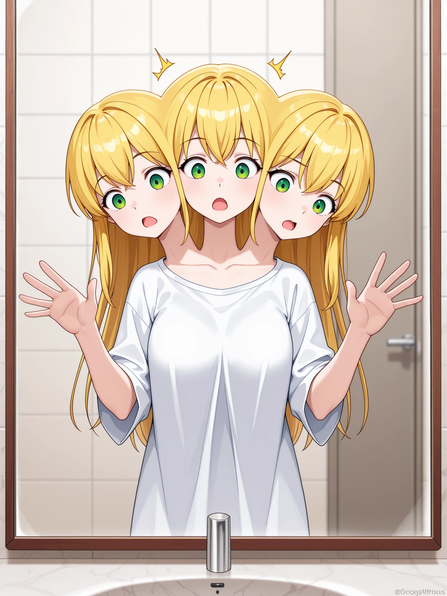 three heads, anime girl with three heads, conjoined, blond hair, green eyes, open mouth, groggy, surprised, confused, white oversized t-shirt, looking at herself in a bathroom mirror