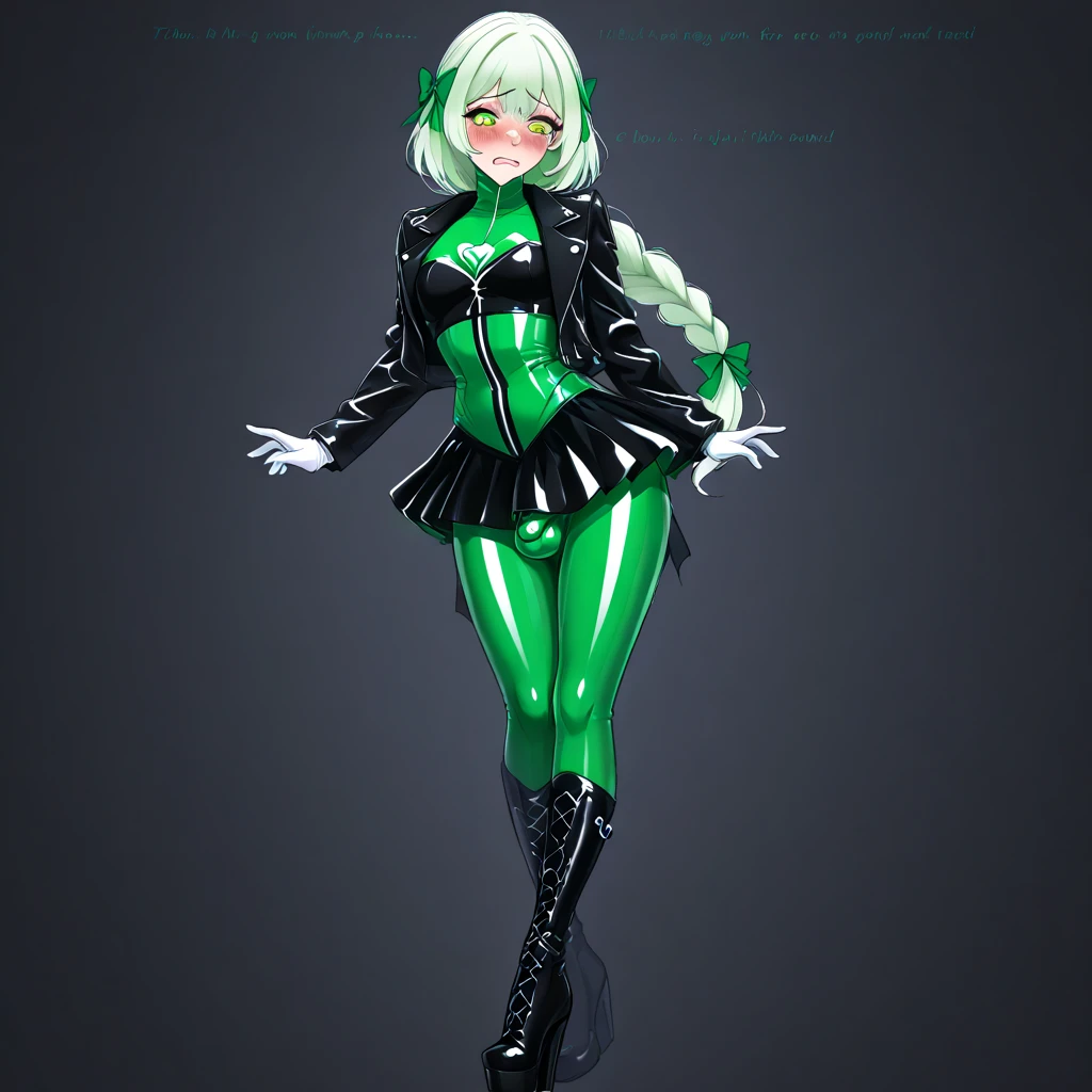 a beautifully detailed slime girl with luminous green eyes, blushing cheeks, shocked expression, standing gracefully in a masterpiece-level illustration, ultra-detailed and high-resolution, 1boy, black business suit 
