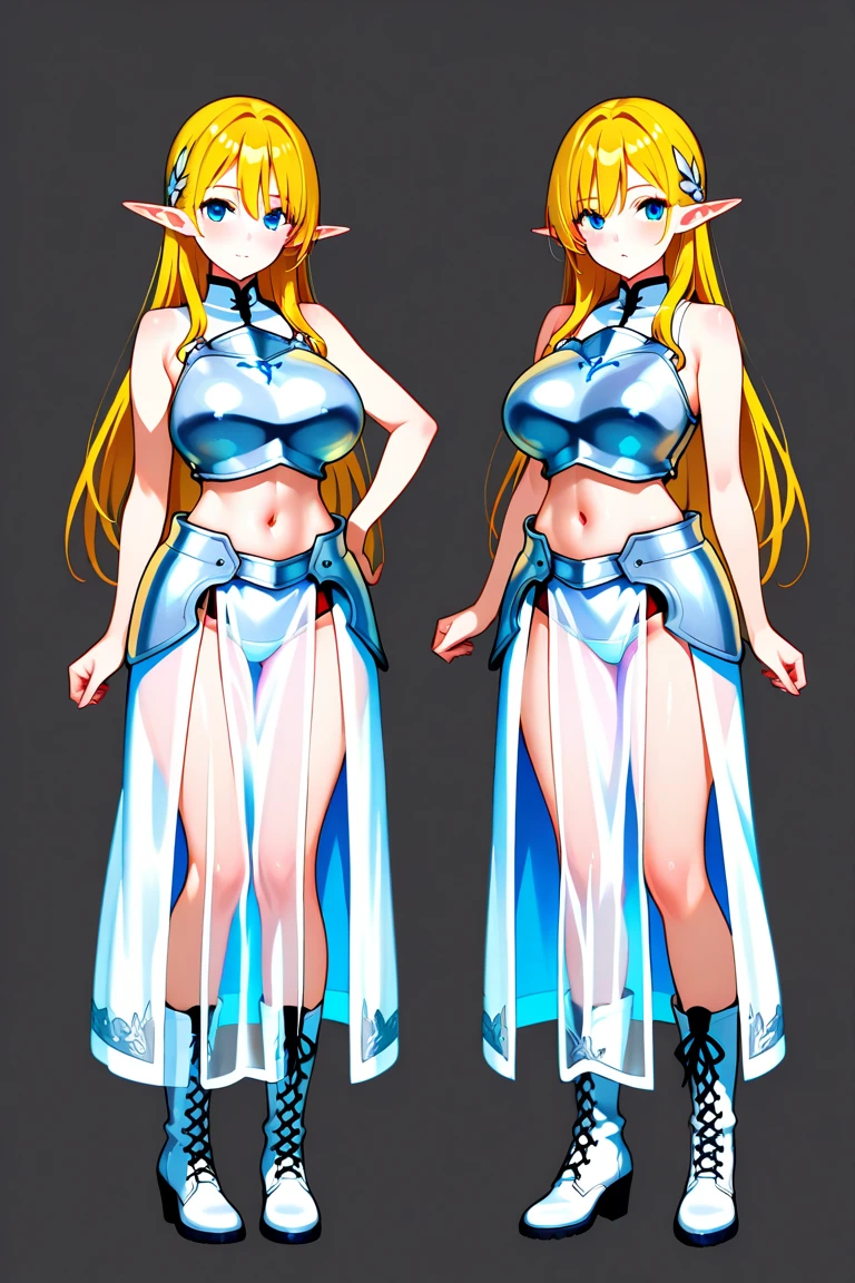 NSFW,Yuuki Asuna、Long Hair、Brown Hair、(Brown eyes:1.8),(White high-quality tight dress:1.5),belly button、Bare shoulders、barefoot、Pointy Ears、abdomen、Elf、Long legs,Big Breasts,Cleavage,clavicle,(Perfect hands),(Perfect Anatomy),(masterpiece),(highest quality),Embarrassed,blush