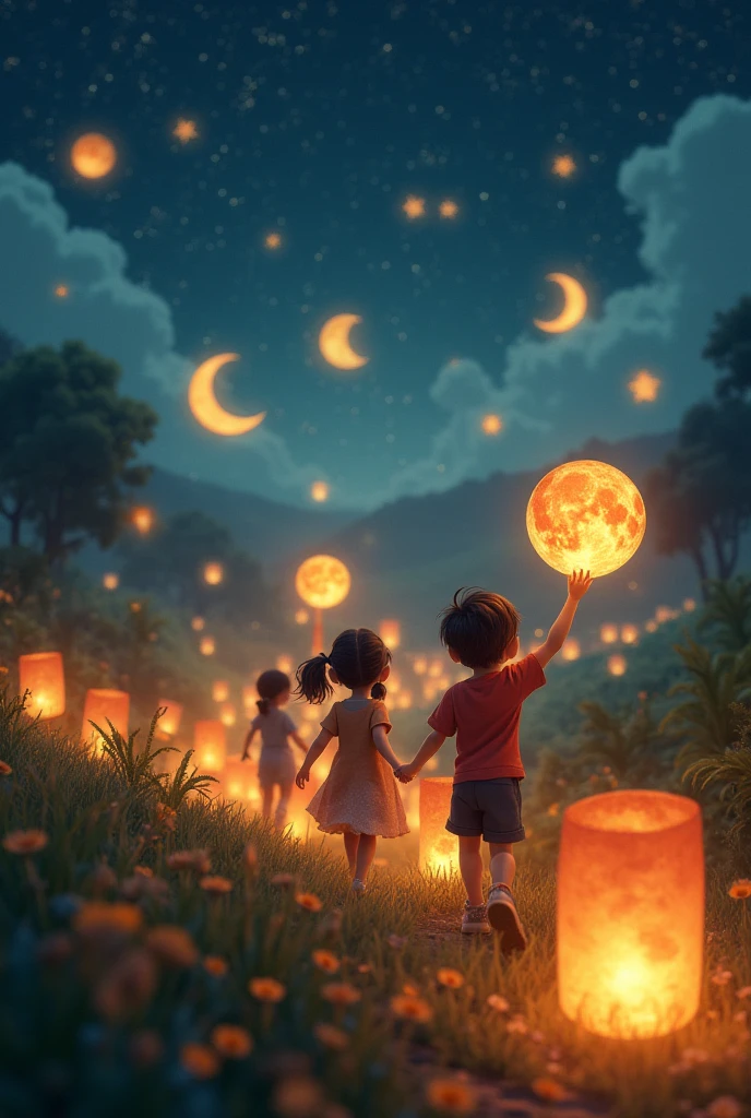 A festive scene with villagers celebrating, holding lanterns, and enjoying the firefly display.
Art Form: Photography (24mm)
Inspiration: Steve McCurry
Description: In a captivating photograph, villagers come together in celebration, holding colorful lanterns as they enjoy the enchanting firefly display. Their faces are filled with joy and wonder. The color temperature is warm, and the scene is illuminated by the soft glow of lanterns and fireflies, creating a magical and communal atmosphere.