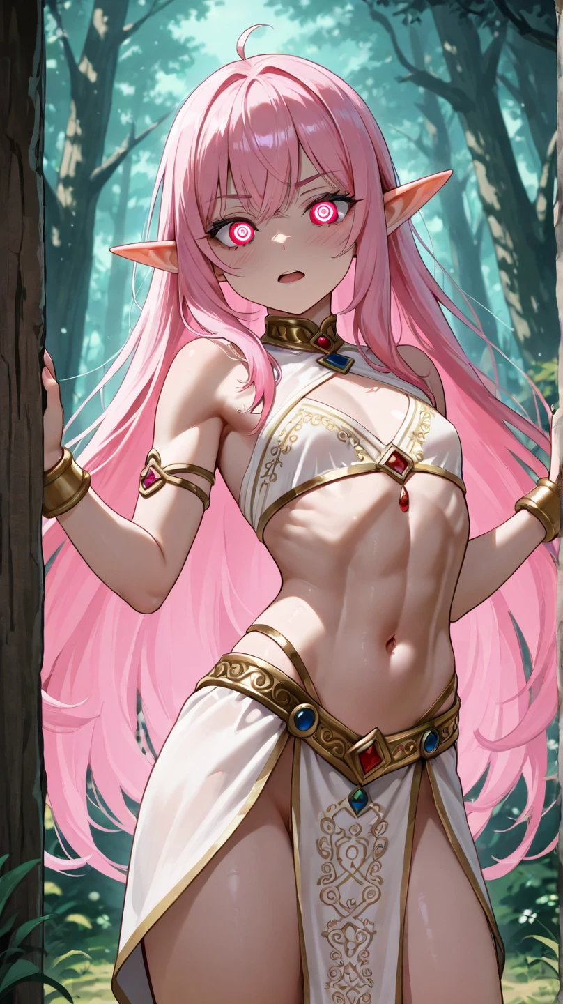 (solo:2, black skin 1000 yo cool elf woman, Dreadlocks:1.4 pink hair long hair, sexy eyes, glossy lips, serious face, blushing), (in a very sexy micro Bikini swimsuit with red line), break, in the castle Dressing room, BREAK, perfect ???????, masterpiece, best quality, 16k, beautiful detailed grow, daydreaming expression.