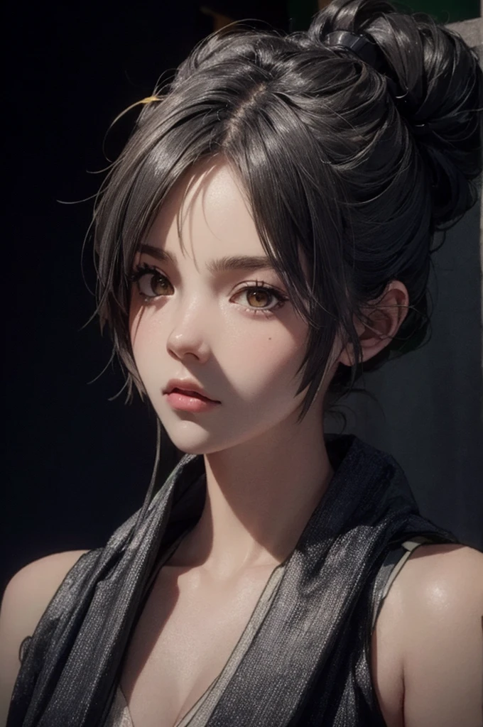 1girl, solo, black hair, hair bobbles, wince, longeyelashes,  Surrealism, drop shadow, tachi-e, pov, atmospheric perspective, 8k, super detail, best quality, UHD, masterpiece, anatomically correct, award winning, highres, 1080P, HD, 4K, 8k, realistic, ultra-realistic, full body,
