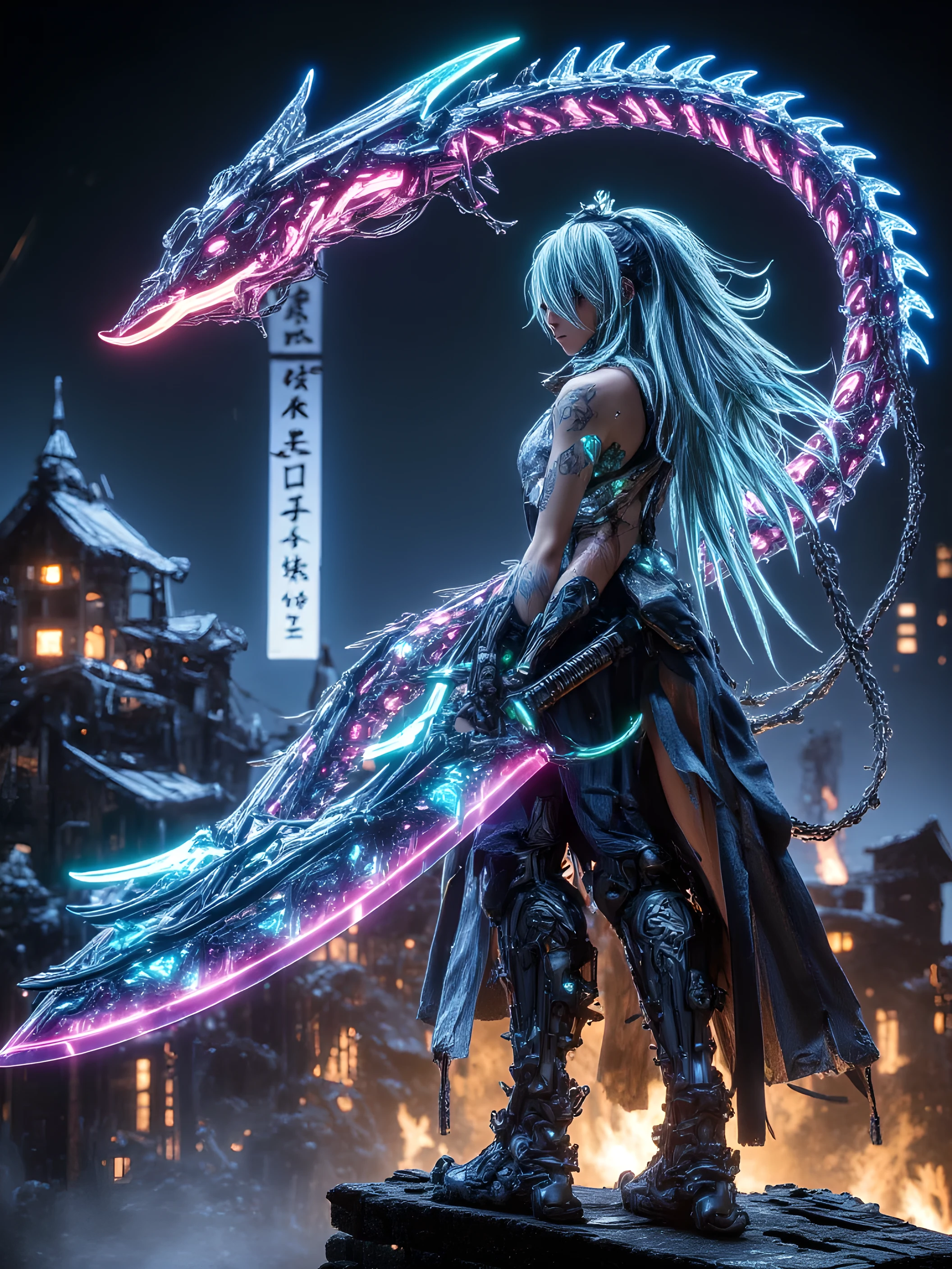 A Loli smith turns into a warrior, Her frost-soaked face was filled with traces of time and battle. Her habit is torn, and re-stitched with mismatched leather and chain-link patches, revealed a slight scar on her clavicle and a vivid tattoo. Her shoulder was draped with a huge sword of heavy azure hands, A rune engraved with a dragon on her sword, with a waist-high dragon, emits an extremely colorful glow in the night. She stands on a broken top, overlooking a burning battlefield, Her posture is firm