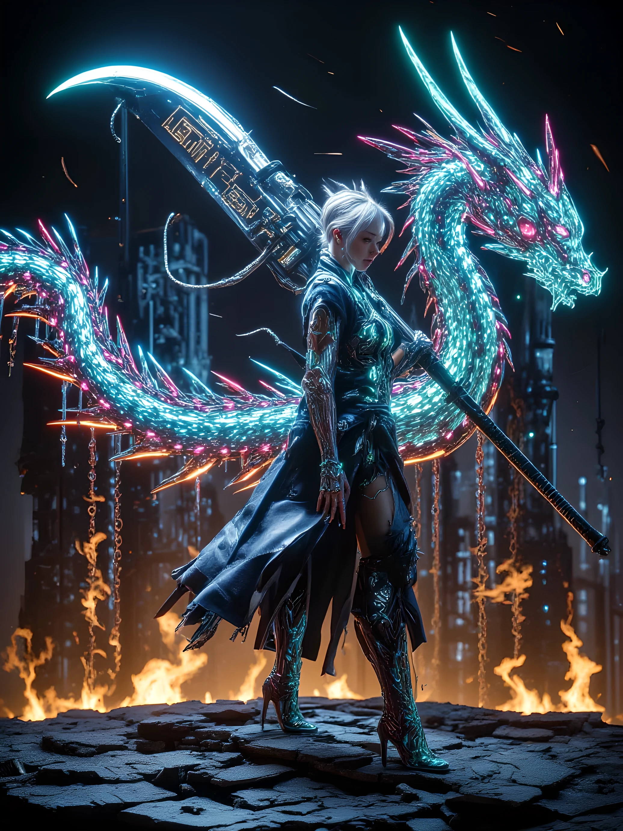 A Loli smith turns into a warrior, Her frost-soaked face was filled with traces of time and battle. Her habit is torn, and re-stitched with mismatched leather and chain-link patches, revealed a slight scar on her clavicle and a vivid tattoo. Her shoulder was draped with a huge sword of heavy azure hands, A rune engraved with a dragon on her sword, with a waist-high dragon, emits an extremely colorful glow in the night. She stands on a broken top, overlooking a burning battlefield, Her posture is firm