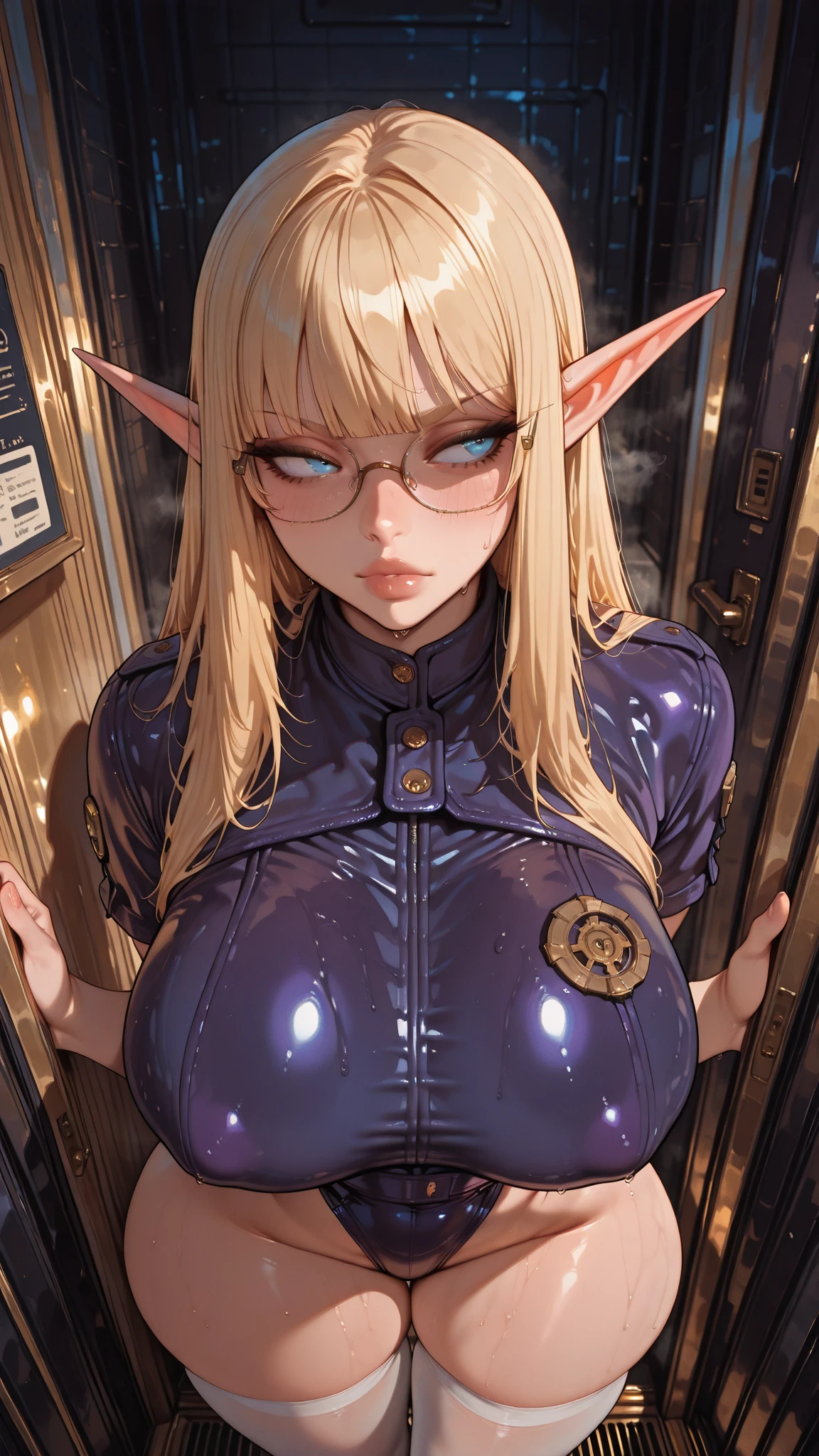 Professor,pointy ears, red eyes, blonde hair,ponytail, cold expression, upper body, solo
ProfAtt,ribbed turtleneck, miniskirt,glasses,necktie,black coat, long sleeves ,black footwear,high heels,
cleavage, covered nipples,
outer space, stars, lab,
(insanely detailed, beautiful detailed face, masterpiece, best quality) cinematic lighting, <lora:Professor-08:0.7>