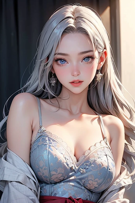 (Highest quality、Best image quality、Highest Resolution、Very beautiful woman、Perfect Anatomy)、bright light blue eyes、Smaller diamond-shaped earrings、Look closely at the camera、Beautiful silver blonde hair、Lip gloss、Very cute smile、Beautiful upper teeth、Shining light from the window、Slightly larger eyes、Small face、Tall Supermodels、very beautiful big breasts、 Cleavage、Beautiful outdoor background with very blue sky and clouds、Please put your hands on your hips、Dynamic Angle、Eye focus、Bring your finger to your mouth、Very beautiful 23 years old、 Sharp jawline、  Deep neckline, Sexy Legs, Perfect Ass, Great ass、Sexy Lingerie