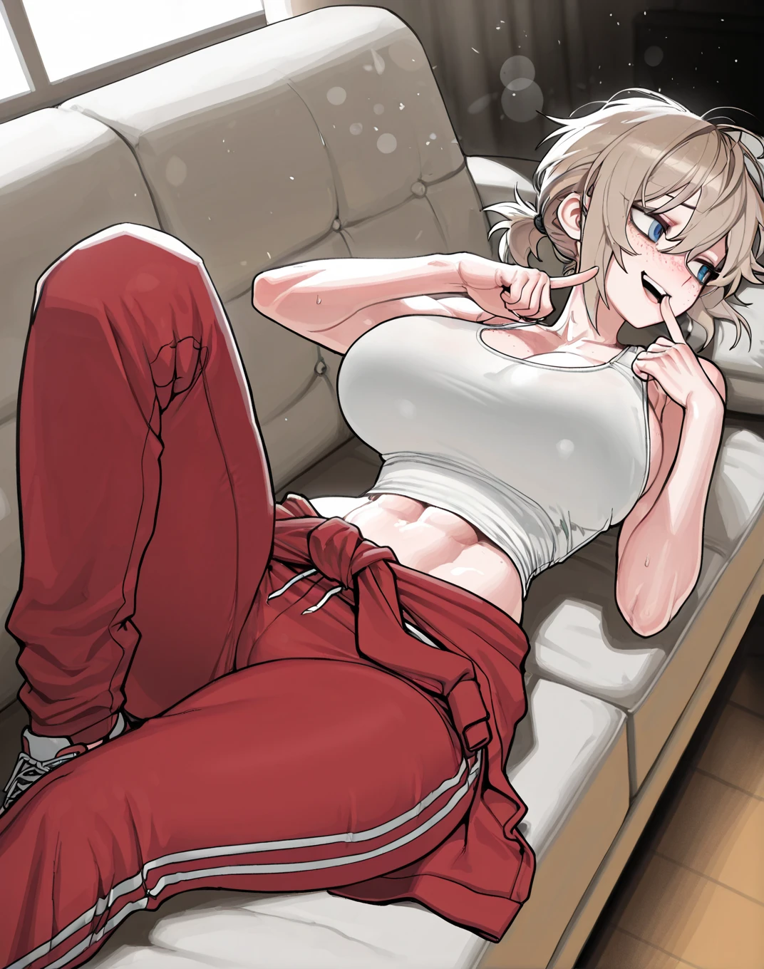 score_9, score_8_up, score_7_up, score_6_up, source_anime, BREAK by ikuchan kaoru, iku, clean color, flat color, sitting, indoors, presenting breasts, couch, muscular, extremely muscular, 1girl, bodybuilder, muscle girl,wattson, smug grin, holding laugh, knotted bra, bra, front view, ((closed mouth)), cameltoe