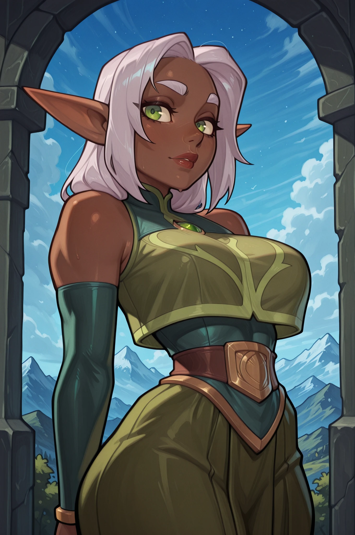 Sage,gold eyes ,pointy ears,brown hair,long hair, ( dark skin) upper body, cowboy shot, erortic pose,
SaAtt,detached sleeves,jewelry,bare shoulders,(red dress),long sleeves,navel,hair ornament,cleavage,hair ornament
outer space, mountains, stars,
(insanely detailed, beautiful detailed face, masterpiece, best quality)