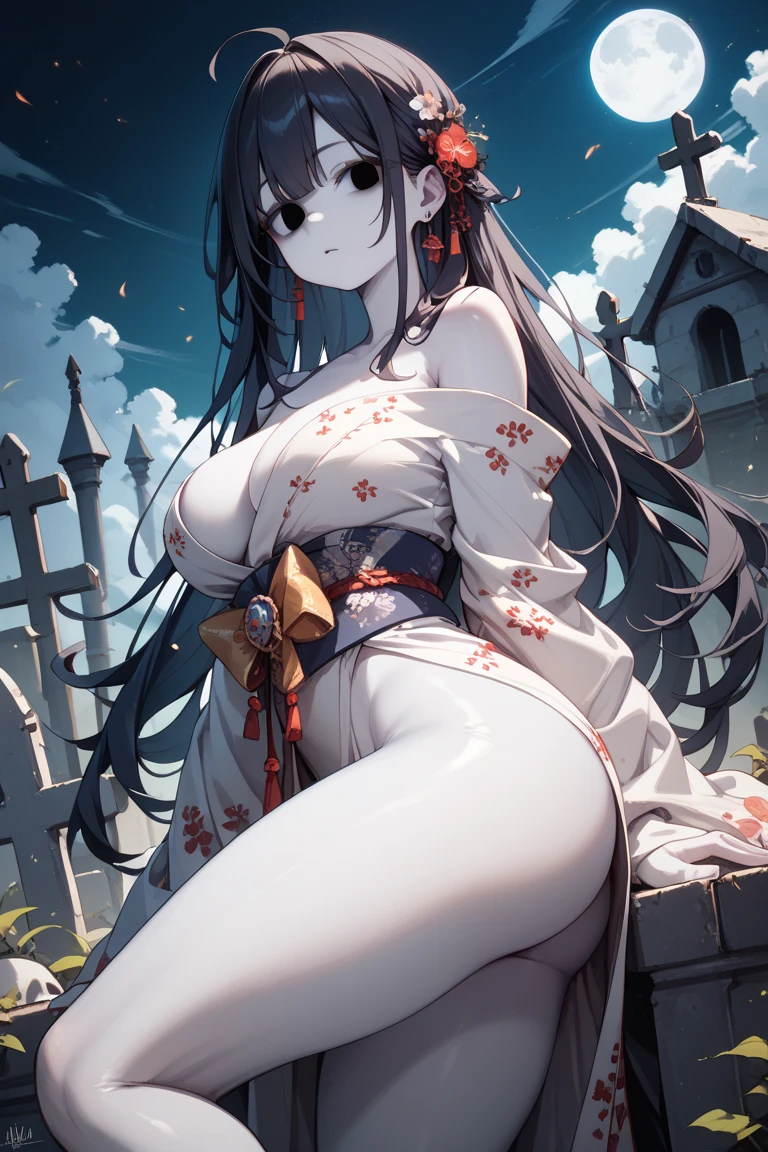 1girl,solo,large breasts, ghost costume, hitodama, triangular headpiece, ,<lora:japaneseGhostCostumeTriangularHeadpiece:1> , night, tombstone, graveyard,, sleeves past fingers, long sleeves, very long sleeves, claw pose, ghost, ghost tail, black hair, pale skin, very long hair, hair over one eye, (((see-through))) silhouette,