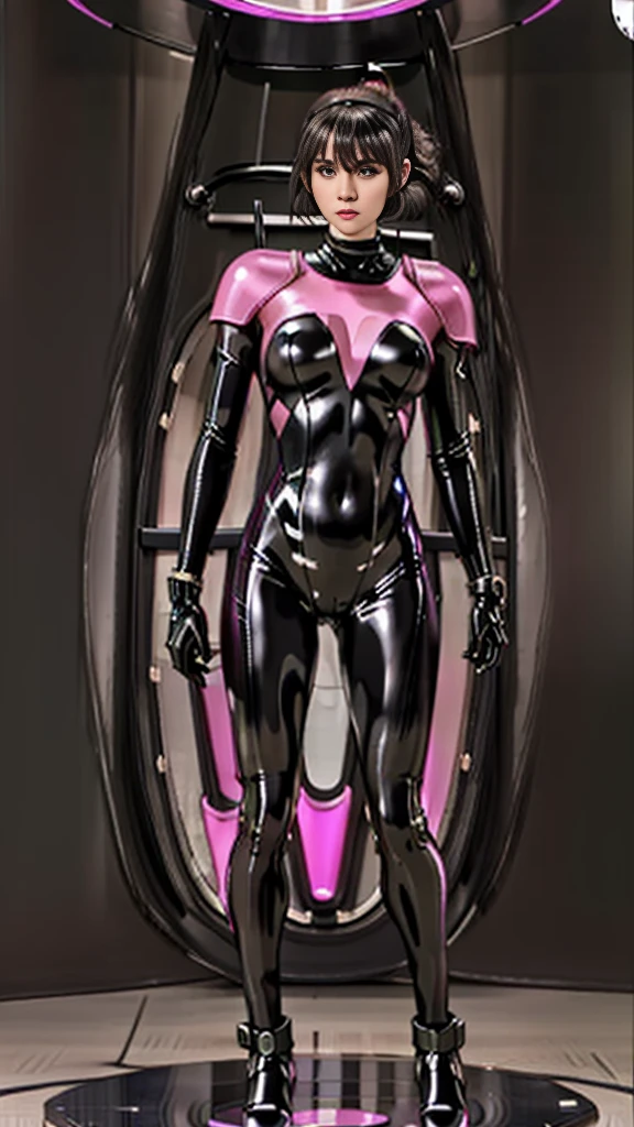 Highest quality, Highest quality, High quality illustrations, masterpiece, Ultra-high resolution, Detailed Background, Jail, Absurd, Perfect Anatomy, performance, Good lighting, Shadows in the movies(kemono, Furry Personifi猫ion), horse, Muscle Body, Pink Rubber Suit, latex, neon, neonライト, neonカラー, Bodysuits, Cyber Suit, cyber punk, Rubber Mask, Harness, Earrings, Huge bulge, Hands restrained behind your back, Dynamic Angle