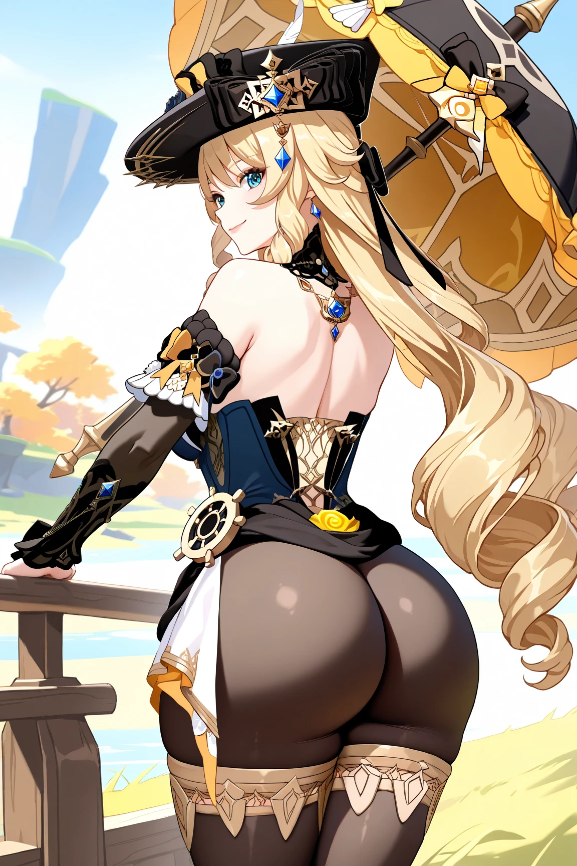 Very detailed、Highest quality、Best image quality、masterpiece、8K、(A kind smile)、(Blonde Hair)、(SFW Giant:1.5) 、(Big Breasts),(Thong:1.5),(garter straps),(Cowboy Shot)、(topless)、(Highleg)、(necklace)、(Rear view:1.5)、(Beautiful ass)、(Open Mouth)