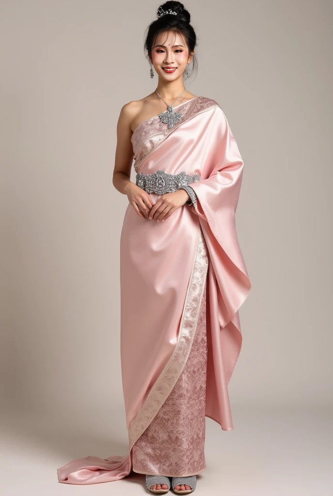 In this cinematic portrait, an elegant Indian model stands poised, dressed in a sophisticated ((copper pink bridal saree )) with intricate floral patterns. The kurti features a ((round neckline))with a subtle front slit, elbow-length sleeves, and a straight cut that falls just below the knee with side slits for ease of movement. She pairs it with stylish white ((strappy heels)), adding a modern twist to her traditional outfit.