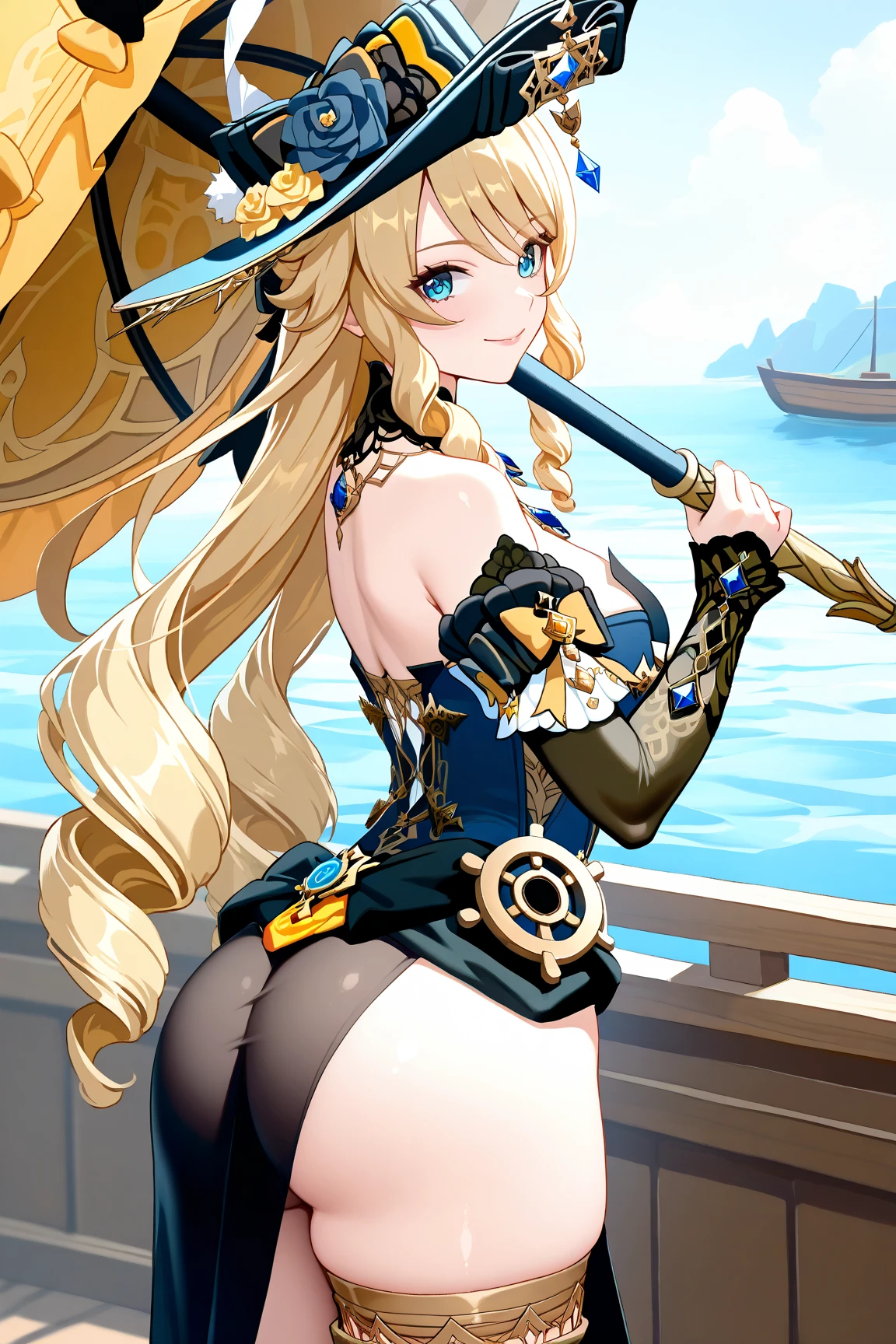 A beautiful female warrior is playing baseball vigorously on the beach with big waves.。Sexy smile、Blonde ponytail、armor