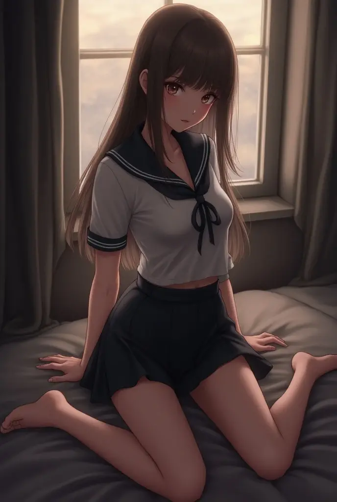 highest quality, masterpiece, High resolution, (Head to toe full body view), Front view from slightly below, Symmetrical Configuration, Precisely balanced composition across the body、18-year-old, Slim and beautiful girl, alone, (Small breasts), (No shoes), Long brown hair, bangs, (Black Pantyhose), (Sit on the floor with your legs open), (Spread-legged pose on bed), (Her legs were spread、White panties are visible.), (Open your mouth with a pained expression), blush, Shy big eyes, Looking into the camera, high school girl&#39;Blazer uniform, Checkered pleated skirt