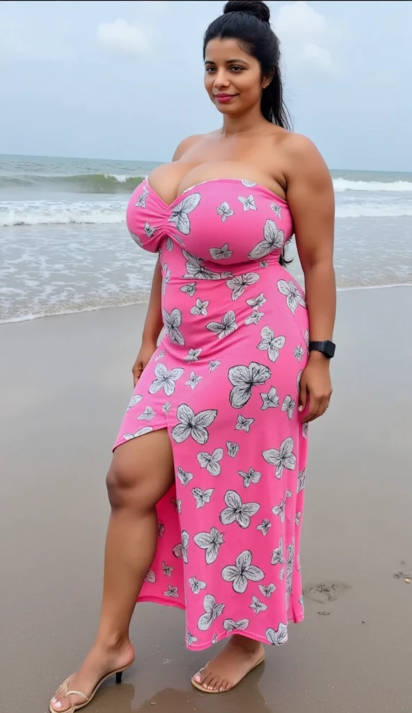 Glossy oil painting; Melanin woman, Chibi style; with a plumper figure, walking along the shoreline. She has pigtail hairs dyed blonde, and is wearing a stylish blue off-shoulder beach dress. She is barefoot, carrying a pair of sandals in one hand, and has a beach bag slung over her shoulder. The background shows a sunny beach scene with clear,fat_booty_, turquoise water, and gentle waves lapping at her feet. The overall mood is relaxed and carefreez huge_breast_ huge_thighs,gigantic_breasts_