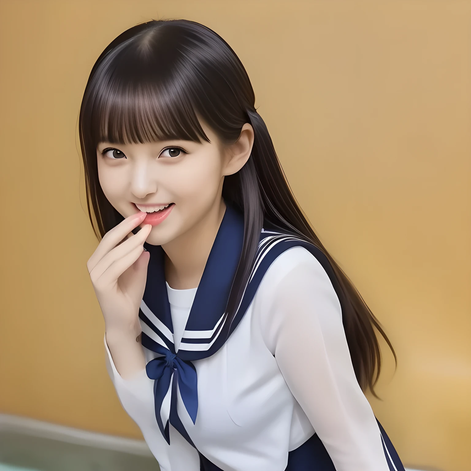 (highest quality, masterpiece, clearly detailed:1.5), highest quality, High resolution, 1080p, 8K, (Too beautiful ((purest)) ((sweetest and cutest)) ((beautiful girlish and Evolved with grace)), ((Too much beloved)) noble grown beautiful beautiful girl with detailed, Japanese, 155cm height, ((svelte silhouette)), Cloistered beauty, dreamy appearance, tasting the viewer, giving too much pleasure to my sensitive body's tip covered with beautiful hands and fingers, spoiling me by pleasure with detailed: 1.7), (laughing white face with unreal beauty, overflowing with translucence: 1.8), (Pristine navy colored school uniform, (Neatest (navy colored) sailor-style school uniform, navy sailor collar, shiny-blue ribbon, school navy pleats skirt with detailed): 1.8), (Too beautiful ((droopy brown eyes)), ((droopy eyelid)), and neatness charm the viewer), (Giggling cohort background with many white lovely marks, clearly detailed foreground, with most beautifully detailed: 1.9), ((purity and neatness of pristine uniform is very impressing): 1.8), (focus on her beautiful (((tasting behavior))): 1.9), (Beautiful brown eyes), (black low twin-tail styled hair, bangs trimmed carefully, neat tight (low twin-tail) hair: 2.0), (her very fluttering high-tone voice tell me to give her everything like too sweet aphrodisiac trembles me: 1.4), (I can't stop discharging and draining my every white liquid content to her caused by her girly beauty and pleasure, she enjoys about it and improves it: 2.0), (dark background: 1.0), (The viewer is very funny and tastes sweet for her: 2.0)