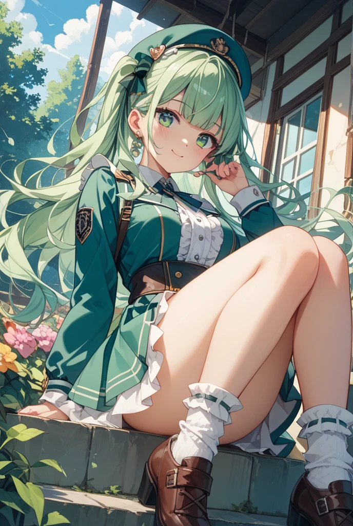 woman clear Light green hair suspenders Shorts Anime Style garden