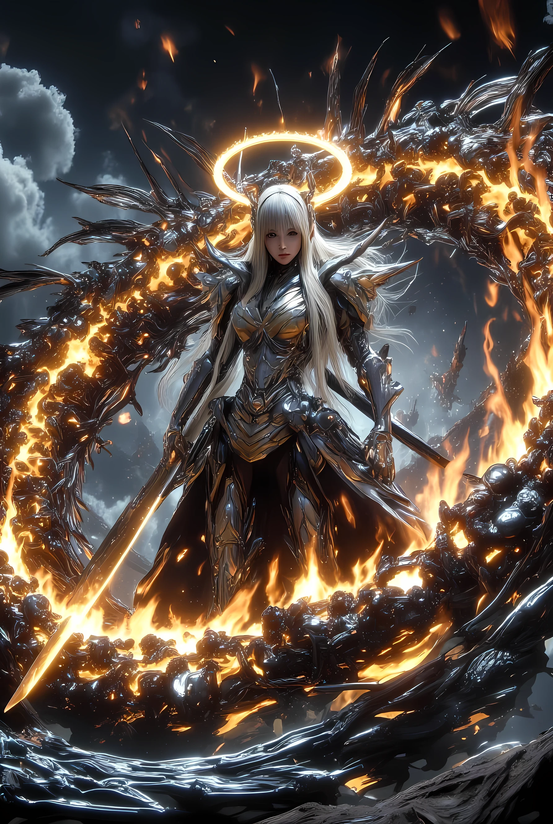 A majestic japanese female warrior with long, flowing blonde hair, adorned in highly detailed, gleaming silver and gold armor with prominent dark feathered wings and a radiant halo-like headpiece, stands with a powerful and determined gaze, clutching a glowing, fiery sword, captured from a slightly low-angle full-body shot that emphasizes her imposing presence; she is dramatically enveloped by an intensely swirling vortex of large, vividly rendered fiery flames and dynamic, splashing water, all set against a beautifully rendered, atmospheric ethereal sky with subtle cloud formations.