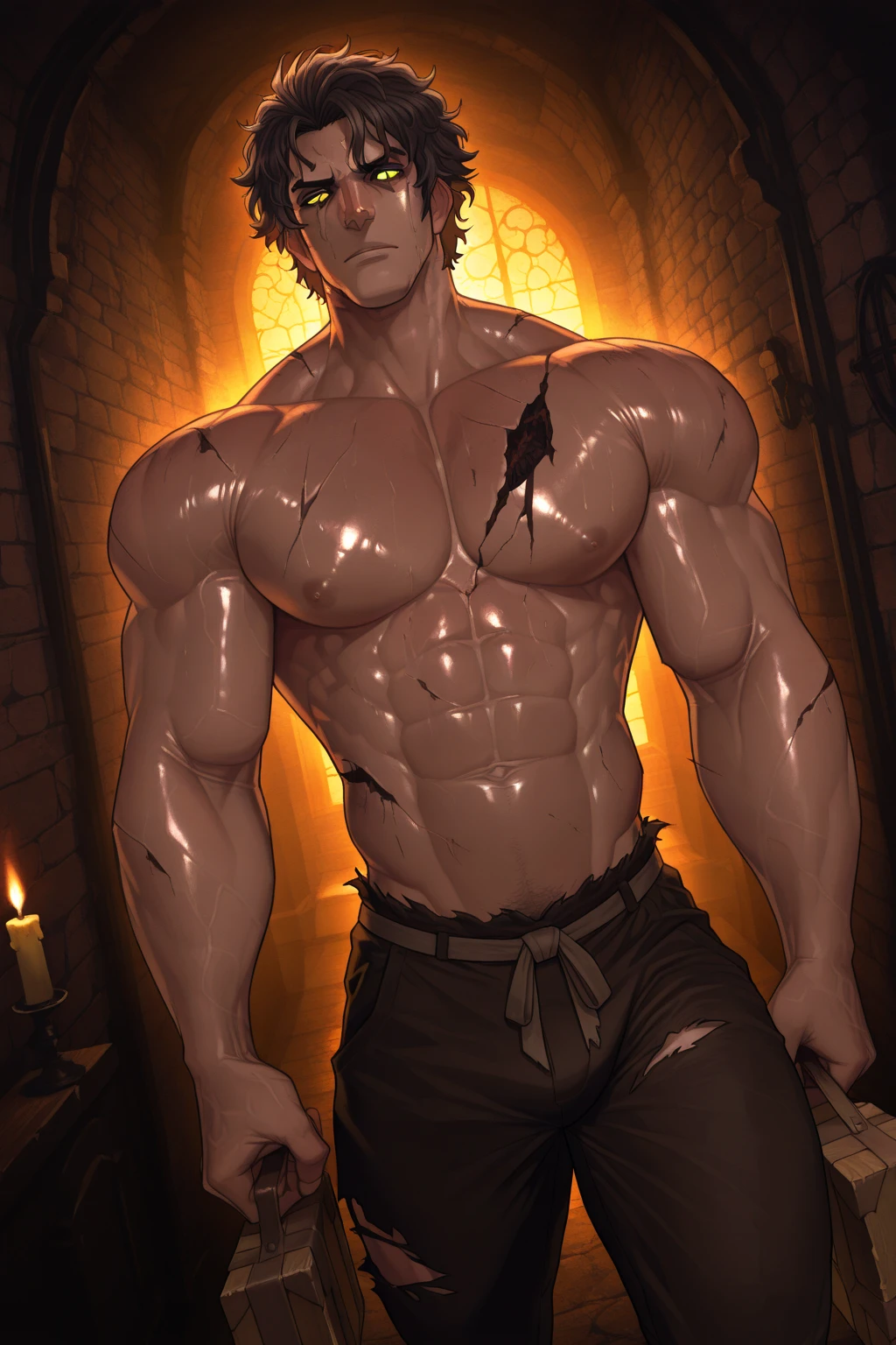 tight shibari ropes))) sweating, wet skin, in a dungeon with candles and a fireplace