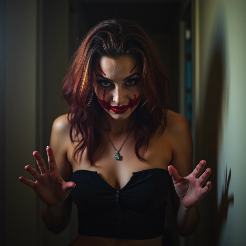 "A woman with a surgical mask, revealing a grotesquely wide smile with a blood-stained knife in hand, standing under a flickering streetlight."