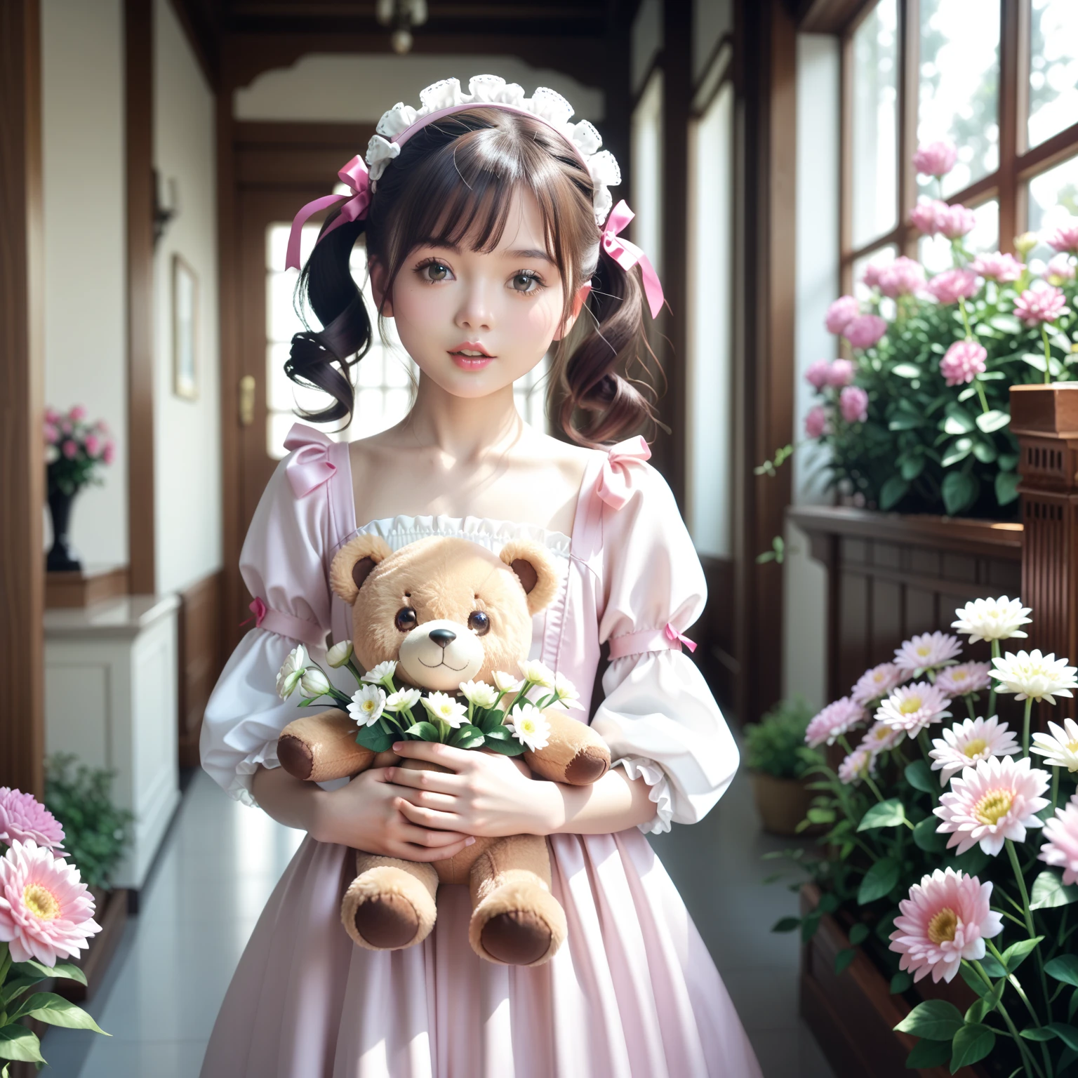 (Loose fluffy long hair braid,)(beautiful girl,)(floral dress,)(Western-style building,)(Roses,)(delicate eyes,)(delicate fingers,)(highest quality,)(highest quality,)realistic images、realistic、10 year old girl、
