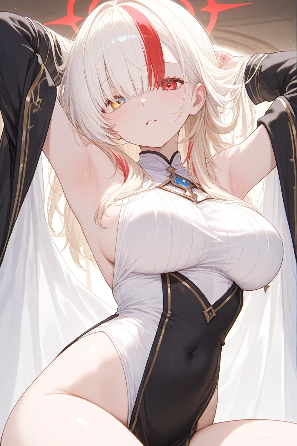 1girl, anime, cute girl, blank background, white background, fantasy, detailed dark fantasy dress with highlights, beautiful face, beautiful eyes, dark colors, silver hair, slightly small breasts, slight cleavage, beautiful skin, cute, breast curtains, extremely delicate and beautiful, (beautiful detailed face:1.0), (detailed deep eyes), symmetrical breasts, deep eyes, shiny skin, portrait, slender waist, hips wider than shoulders, thighs, young girl, expressionless