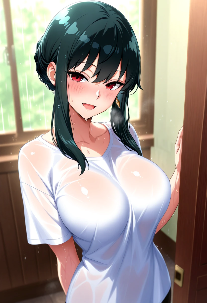 1 mommy, ponytail black hair, very big breasts, smiling, blushing