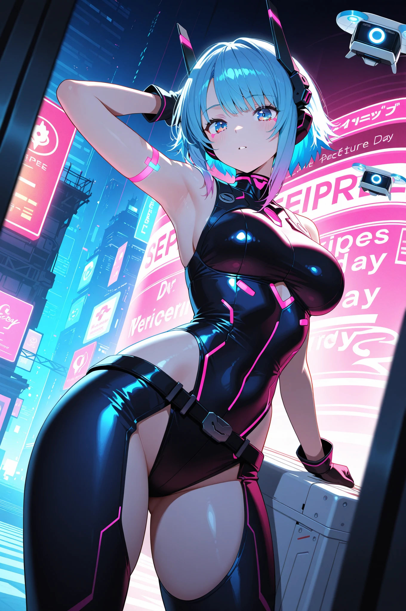 1 Girl, whole body, He has a large metal helmet on his head that covers his hair and eyes., tube, wire, She gets electrocuted, brainwashing,astrovest,bing_astronaut,blush,torogao,