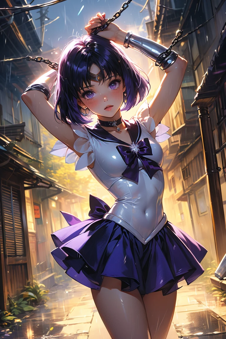 young girl, purple hair, bob hairstyle, purple eyes, bright eyes, sailor saturn, magical girl, white tight top, sleeveless, open belly, very long white glowes, purple skirt, very long white boots, Masterpiece, best quality, Full HD, 8k, ultra details, great graphic