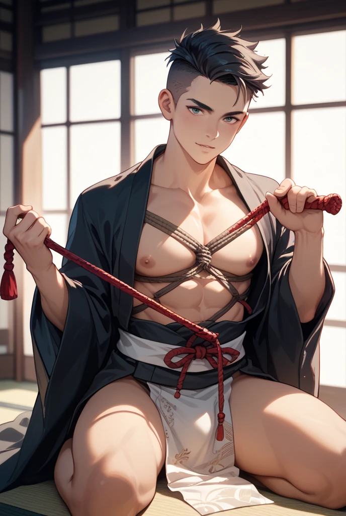 1 boy fixed to the wall by rope, 17 years old, Short spiked hair, Embarrassed look, Kinbaku, Japanese Bondage, Slender, many ropes around body, white Fundoshi, Eyes Wide Open, (Depth of written boundary:1.2), Spread legs, hanging body,