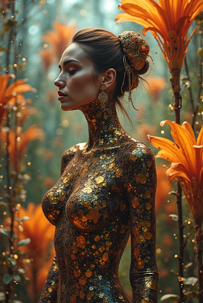A photorealistic image of a beautiful woman(topless, large breasts) with a colored body and gold-white outline of intricate (shiny) , flowers patterns on her body, upper body, light painting on body , clear light, in 8k resolution and ultra sharp detail, golden room background