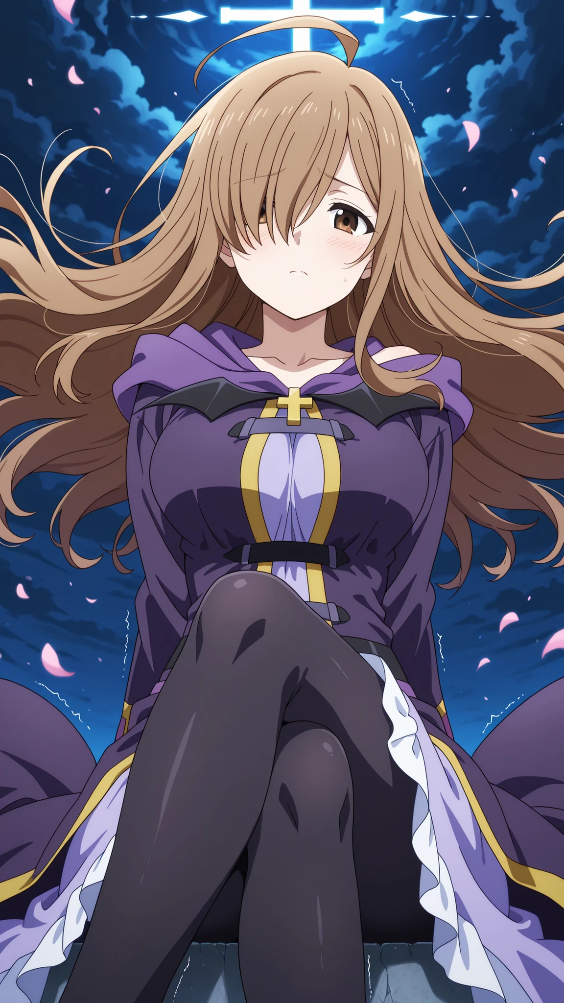 BREAK (masterpiece:1.2), best quality, high resolution, unity 8k wallpaper, (illustration:0.8), Dark poppy field under swirling storm clouds,  
wind violently shaking the flowers,
dust and petals in the air,  
ominous tension, anime cinematic style,  
by CoMix Wave Films, detailed,wiz, ahoge, brown eyes, light brown hair, hair over one eye, long hair,,cross, dress, hood, hood down, jewelry, latin cross, long dress, long sleeves, purple dress, robe, purple robe,,floating skirt,looking at viewer,cowboy shot,wide-angel,sexy pose,horny,shy,sitting,cross legs,black stockings,arched back,floating hair,bare shoulder,collarbone,cleavege,from below,feet