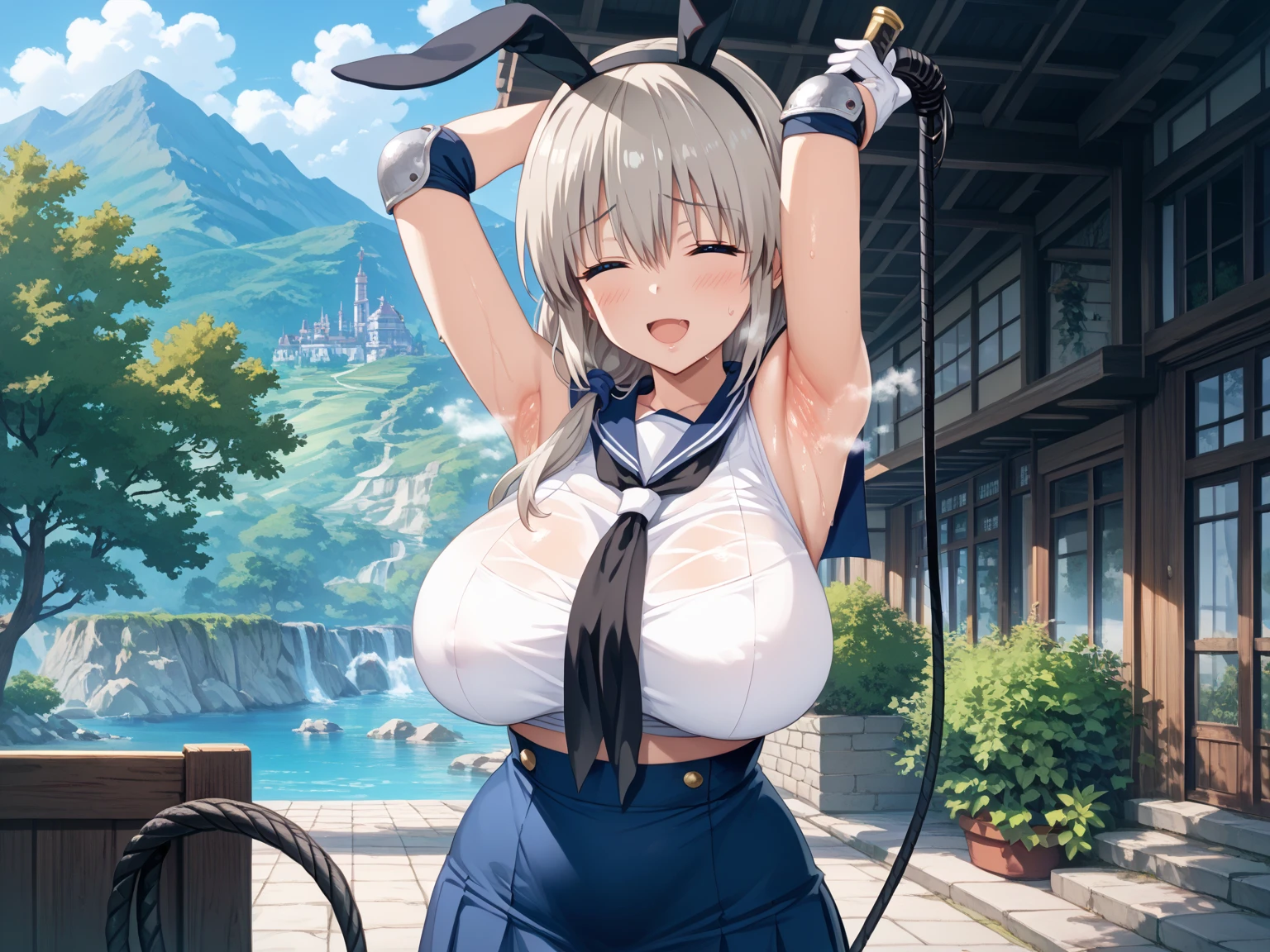 Highest quality, Tabletop,(Perfect hands, Perfect legs,Perfect Anatomy),Things to know, Not enough, One Girl, gloves, Elbow Groove, choker, White Dress, Official Alternative Costumes, chest, clavicle, ponytail, 白いgloves, chestの谷間, Strapless Dress, Bare shoulders, short hair, Parody, 青いchoker, Hair Blue Ribbon, One Girl, Trojan horse, rubbing the crotch, Thought-provoking liquid, shibari,, Tabletop, Highest quality, Very detailed、(fold your hands behind your back:1.5)、Hmph, Large chest, Gray Hair, blue eyes, Focus on women, whole body, juice, Sweat, trembling,(Straddling a Trojan horse:1.3)、Your clothes are torn、,(White panties:1.3),