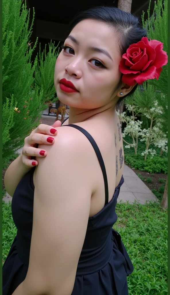 araffe woman in a red shirt posing for a photo, elegant glamor pose, elegant pose, doing an elegant pose, Asian, Japanese woman, tattoo on right arm, blue eye makeup, outlined, shorth hair, Bblack hair, detailed hair