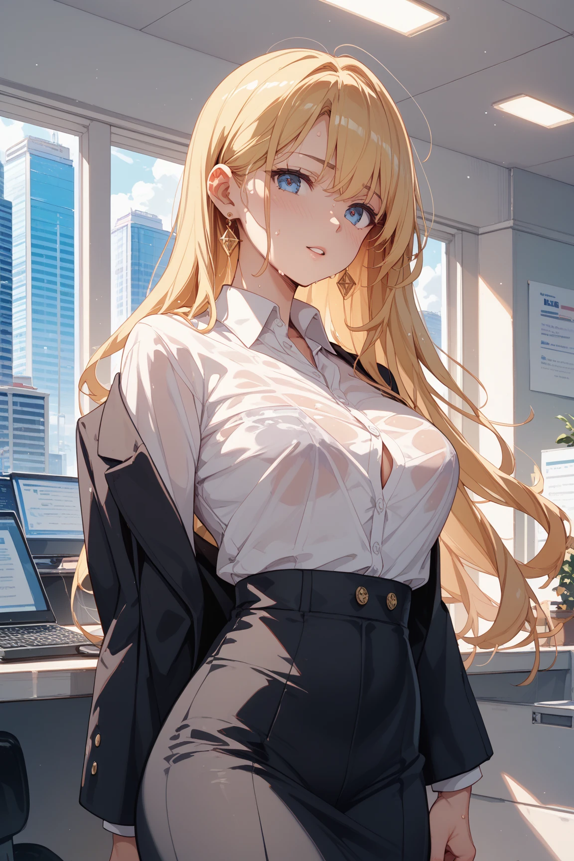 ((highest quality)),(ultra high resolution),(Super detailed),(detailed description),((best CG)),(best work of art),super precision art,great drawing art,(Art with precise details:1.5), (1 woman:1.8),(beautiful and well-shaped face:1.5),(Office Lady:1.6),(Office Casual:1.5),Tight Skirt:1.4,Tempting Gaze:1.5, Office in a high-rise building:1.5,