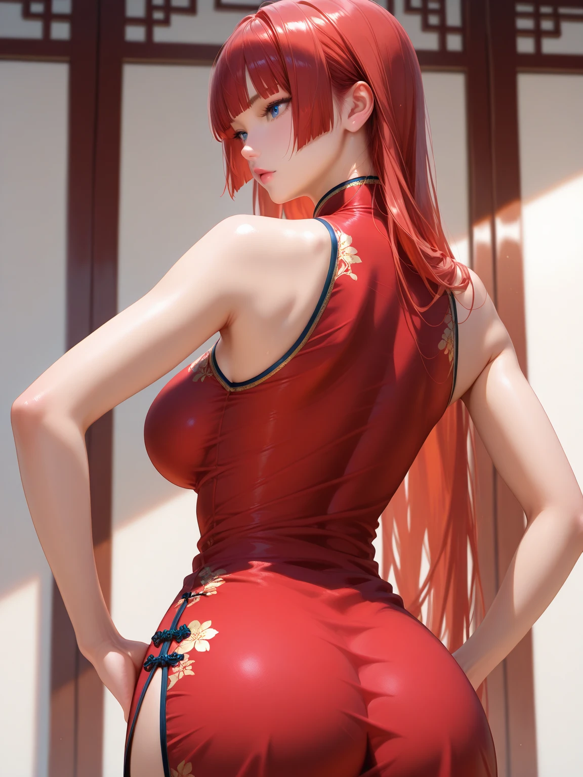 (ultra realistic,32k, masterpiece:1.2),(high detailed skin:1.1),( 8k uhd, dslr, high quality:1.1),
1girl,pink hair,ponytail hair, parted bangs, (aqua eyes:0.9), <lora:Latex_Cheongsam_By_Stable_Yogi:0.7>Sweet Brown latex floral chenongsam,, , <lora:add_detail:0.94>, masacara, (red lips:0.8), (huge breast:0.9),
(looking at viewer, standing, from above:1.1),
,(soft shaded:1.1), blank background