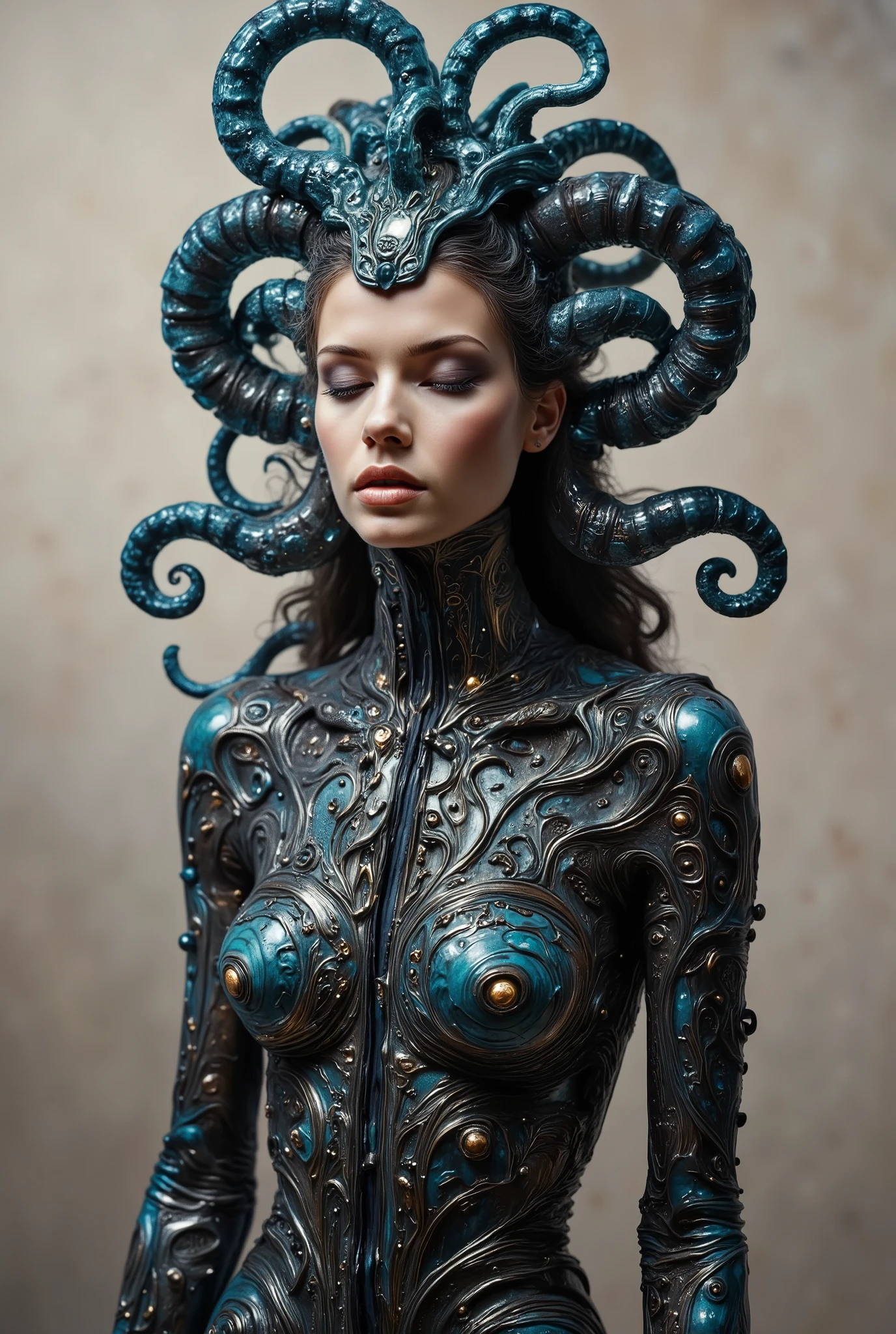 woman posing in avant-garde editorial fashion, adorned with biomorphic textures, sculptural abstractions, giger dark organics, surrealism, realistic, intricate details, hyper-detailed, kodak 50mm lens, professional photoshoot, full-hight scene view